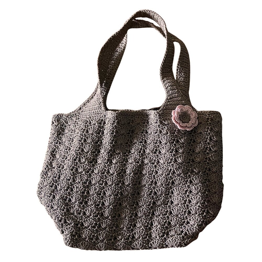 Y2K Brown Tan Knit Crochet Pink Flower Pin Large Shoulder Bag Tote Girlhoodcore - Picture 4 of 9